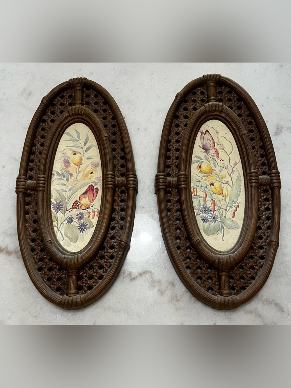 Vintage MCM wall plaques Faux-Rattan Plastic Frame Butterfly Botanical Set Of 2